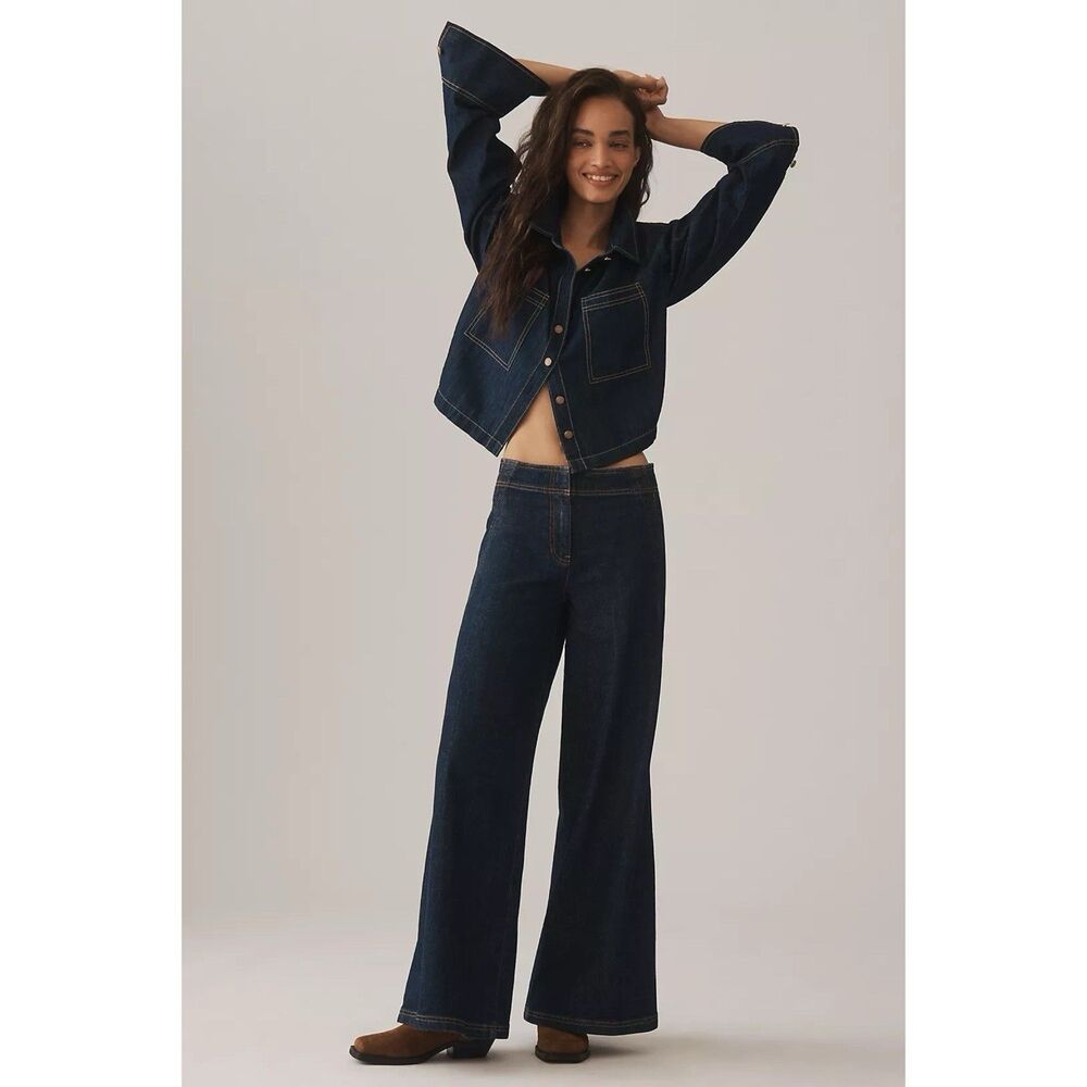 Maeve Anthropologie Scallop Edge High Rise Wide Leg Jeans Dark Denim Size 30 NWT - Picture 11 of 11